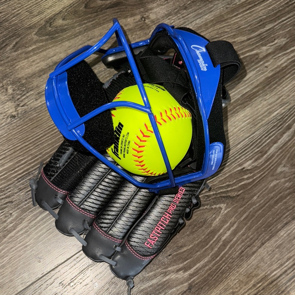 Youth Champion Blue Softball Face Guard w/ Pk/Blck Left Hand glove and softball